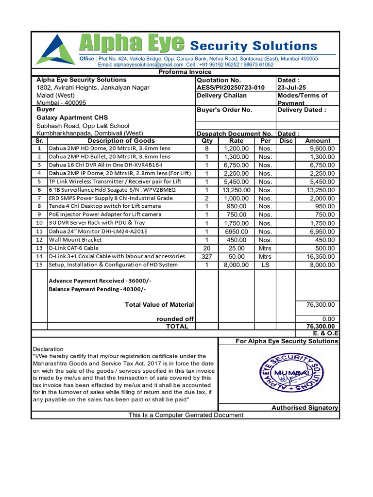 Proforma Inv - HD Final (AESS) | PDF