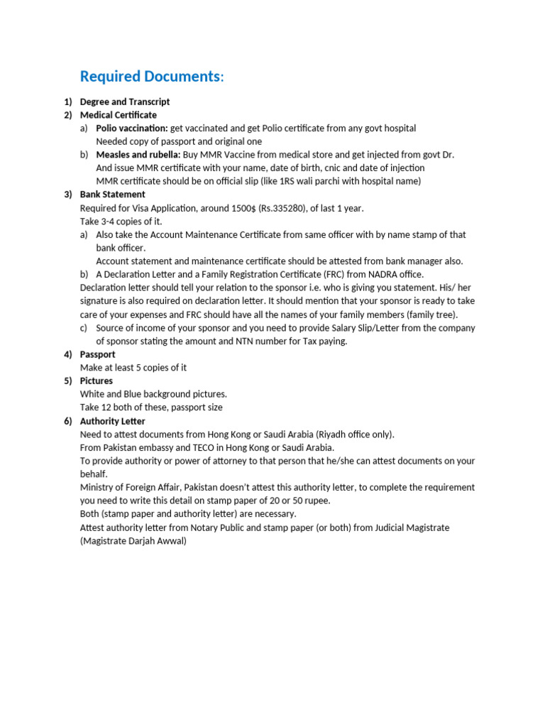 Required Documents For Taiwan | PDF
