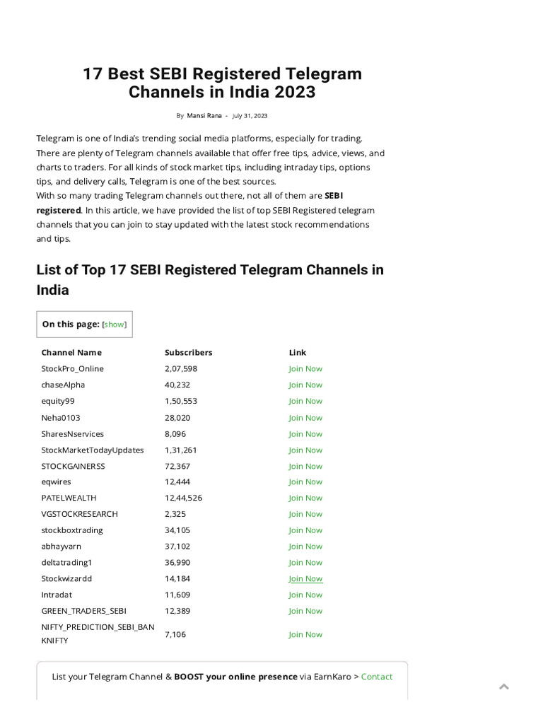 17 Best SEBI Registered Telegram Channels in India 2023 | PDF | Stocks |  Day Trading
