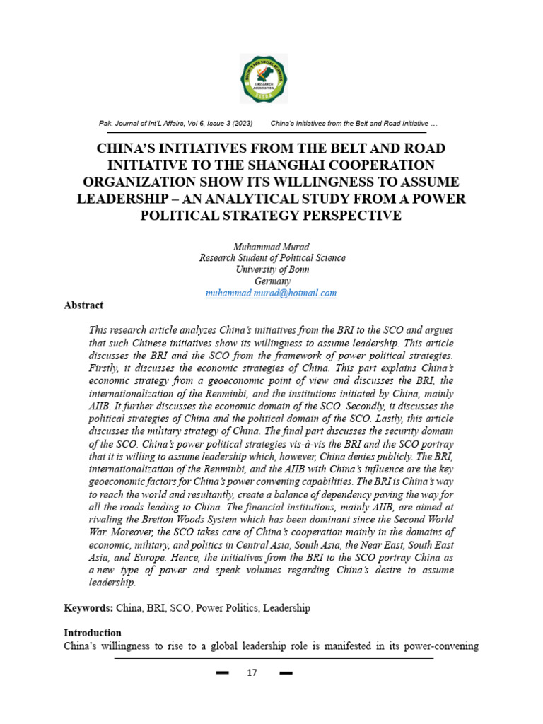 China's Leadership via BRI and SCO Initiatives | PDF | China | World ...