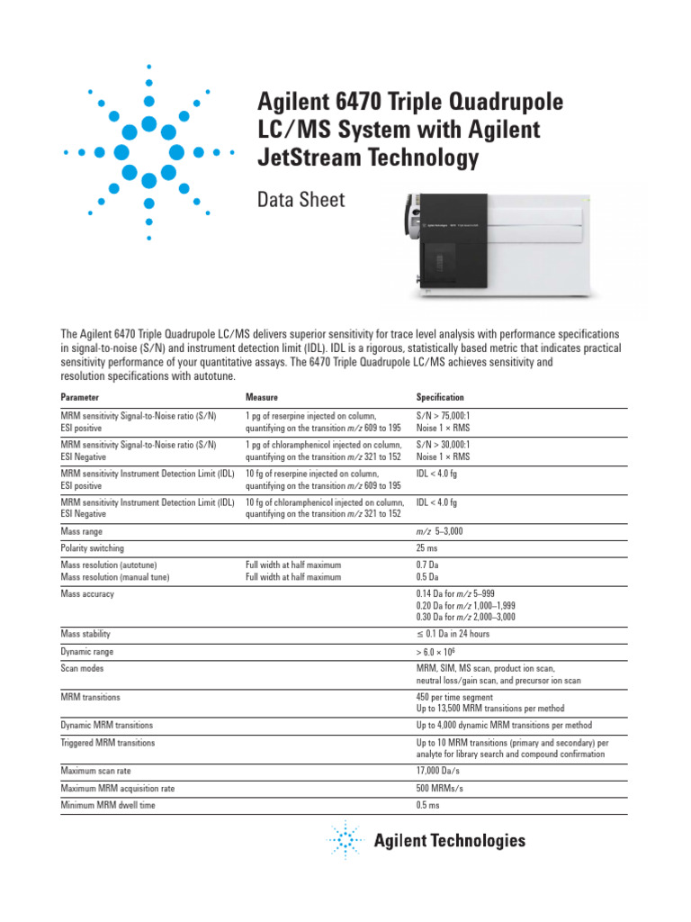 Agilent 6470 Triple Quadrupole LC/MS Specs | PDF | Liquid ...