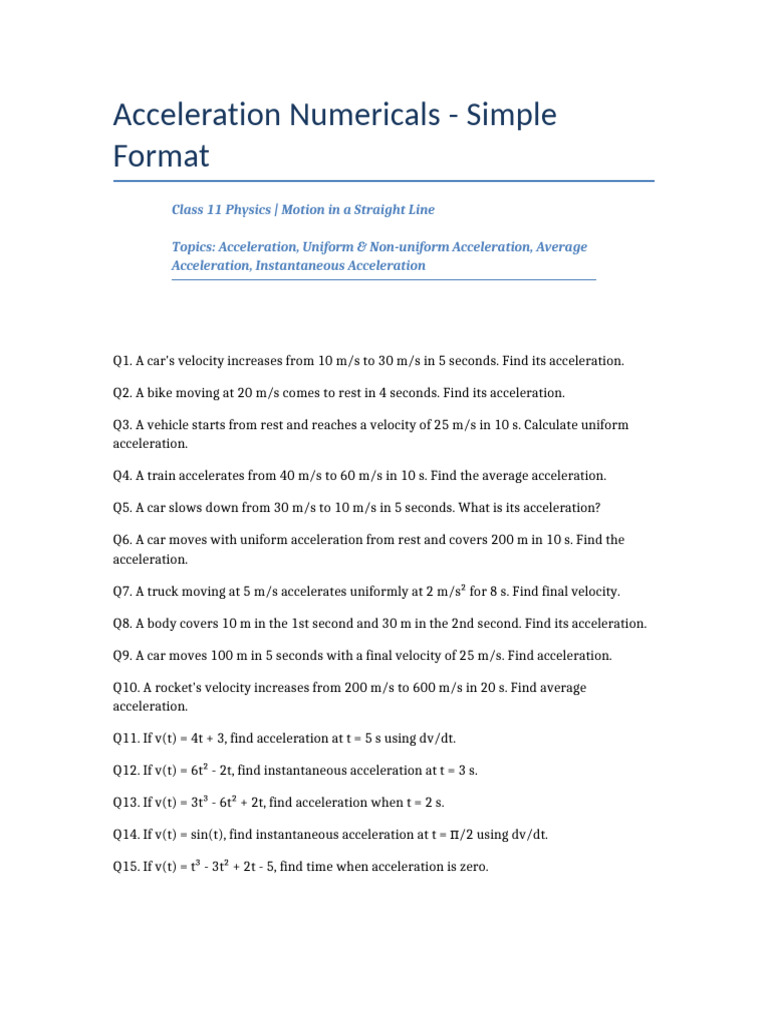 Class 11 Acceleration Numericals | PDF