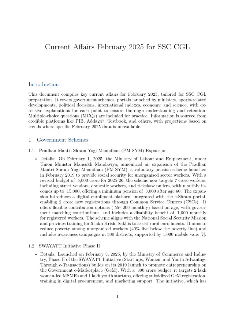 February 2025 Current Affairs for SSC CGL | PDF