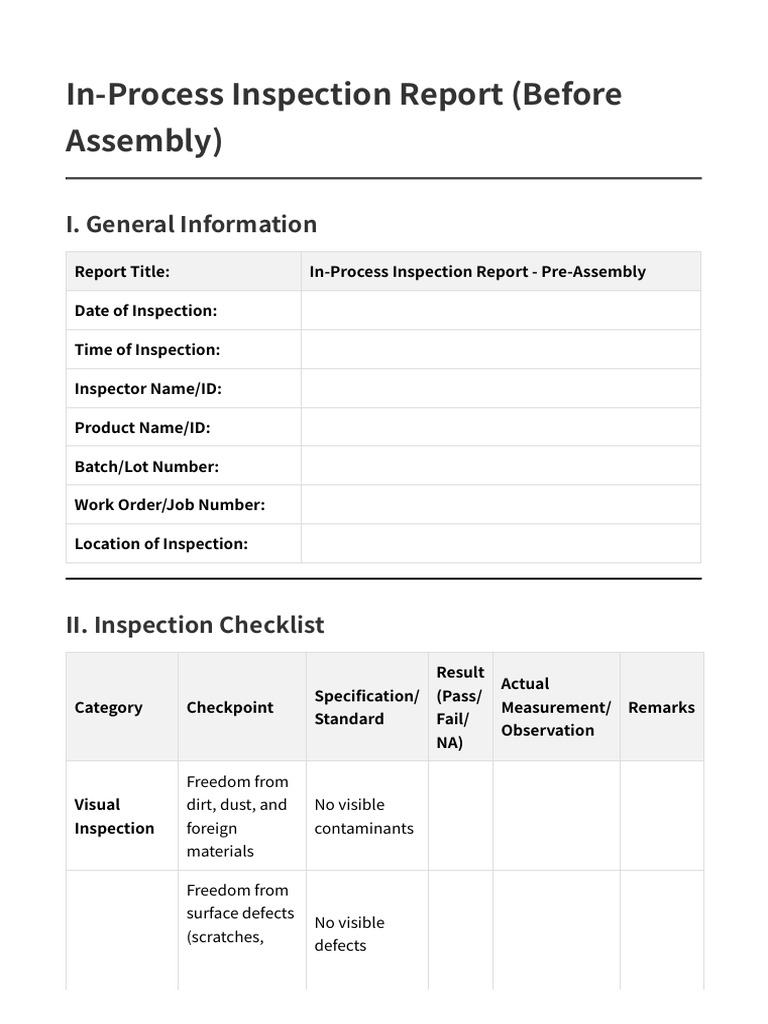 In-Process Inspection Report (Before Assembly) | PDF | Engineering ...