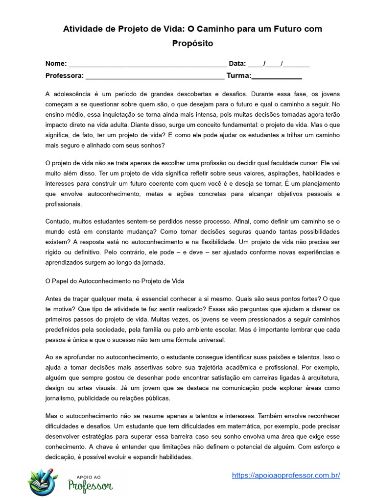 Texto Reflexivo Sobre Projeto de Vida Com Atividades Ensino Medio | PDF ...