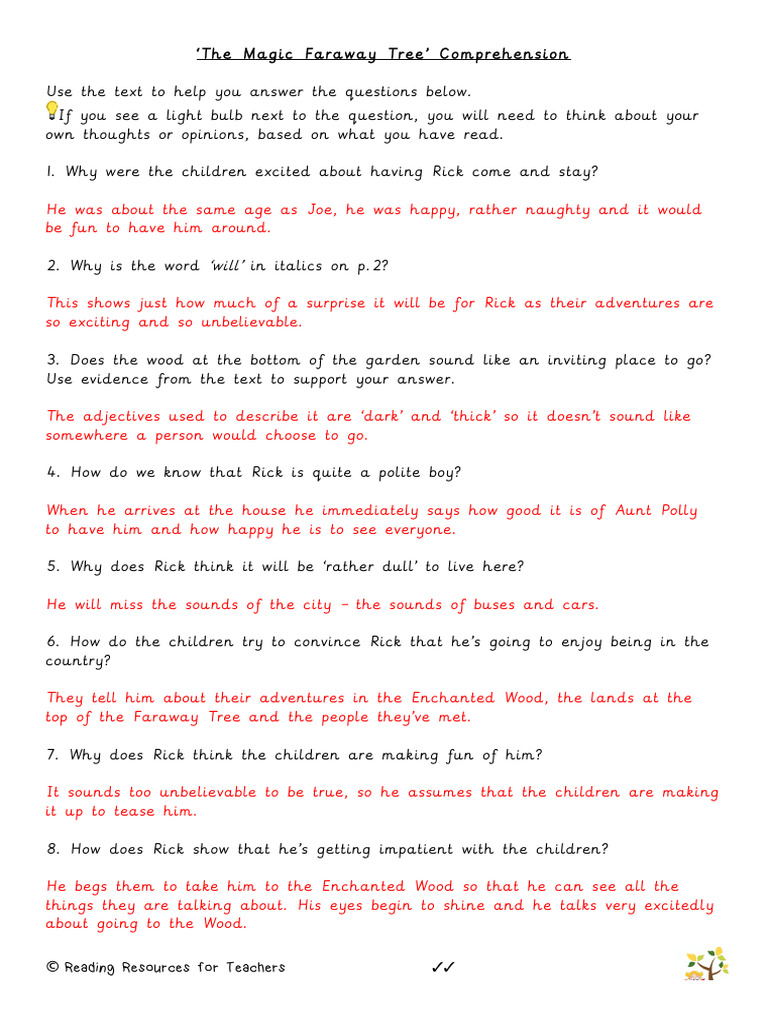 Enchanted Wood Comprehension Guide | PDF