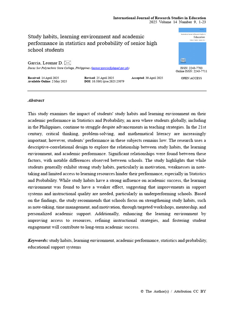 Study Habits and Academic Performance in Statistics | PDF ...