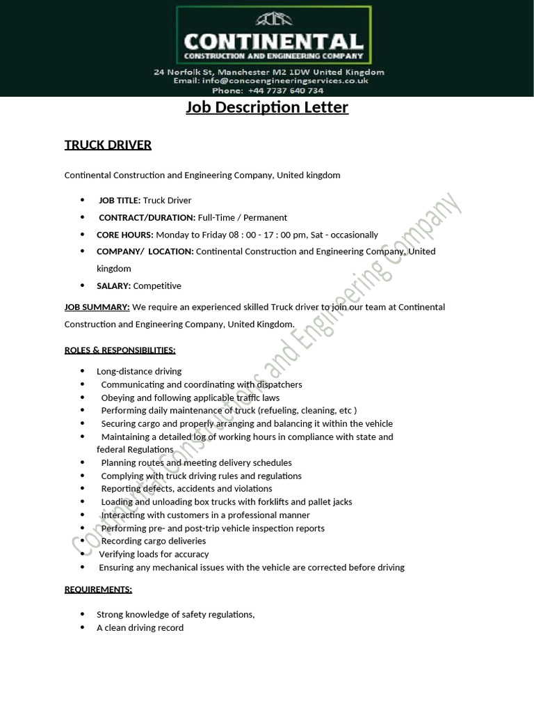 Truck Driver Position at Continental Engineering | PDF | Truck Driver ...