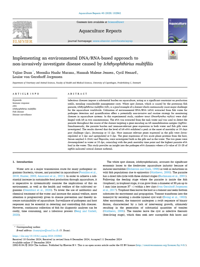 eDNA Monitoring of Ichthyophthirius in Fish | PDF | Reverse ...