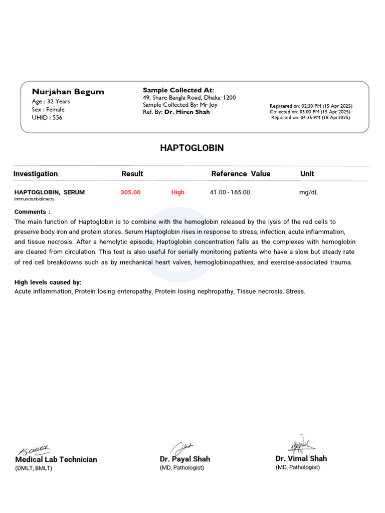 Haptoglobin Test Report Format Example Sample Template Drlogy Lab ...
