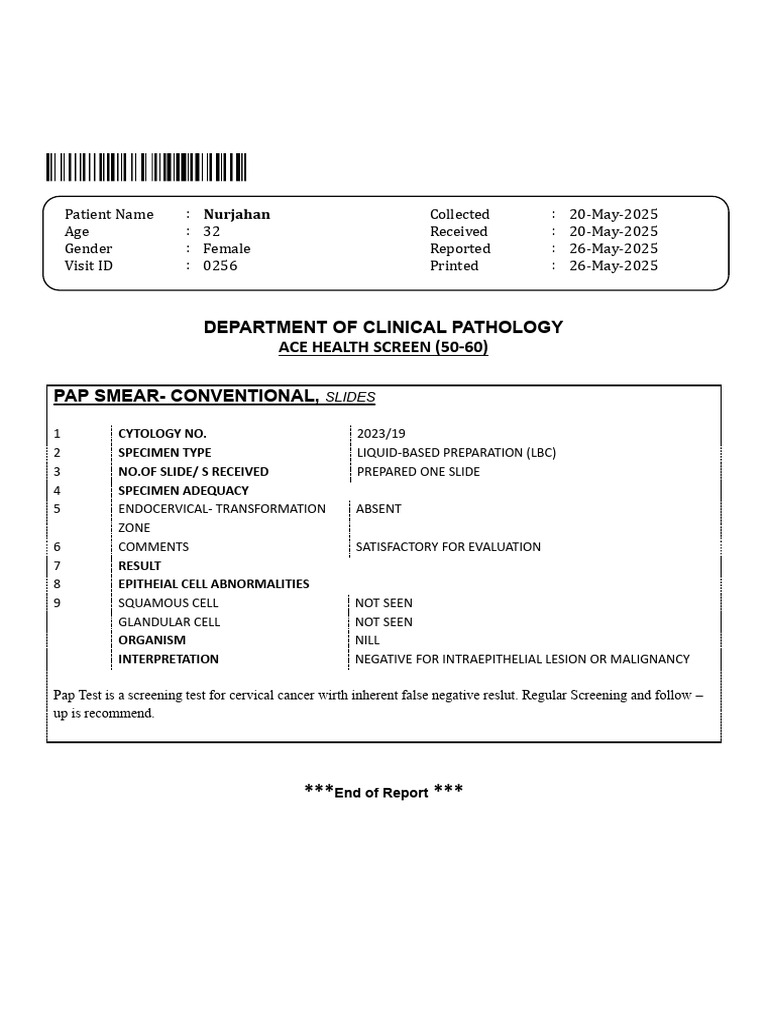 Pap Smear Report: Negative Results | PDF