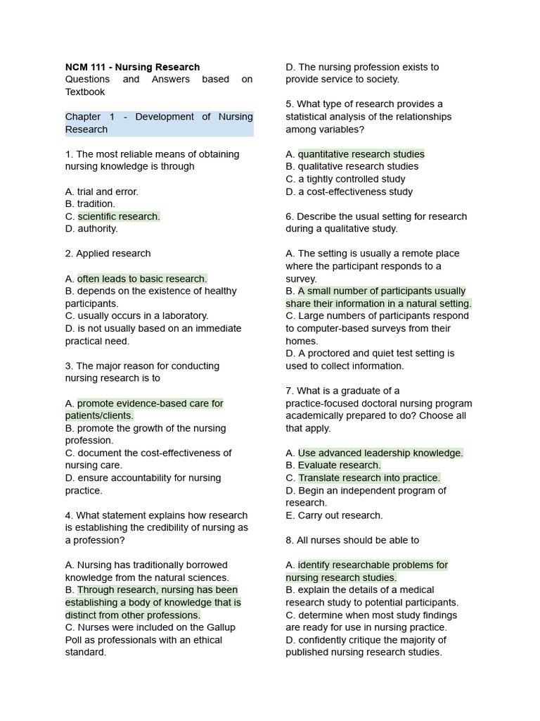 Nursing Research Q&A Guide | PDF | Nursing | Evidence Based Medicine