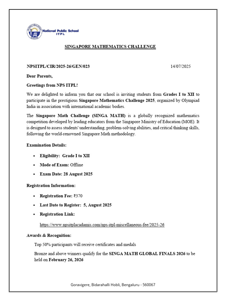 Singapore Math Challenge 2025 Details | PDF