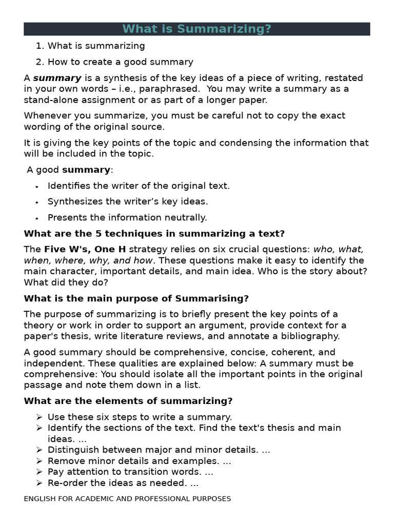 Guide to Effective Summarizing Techniques | PDF