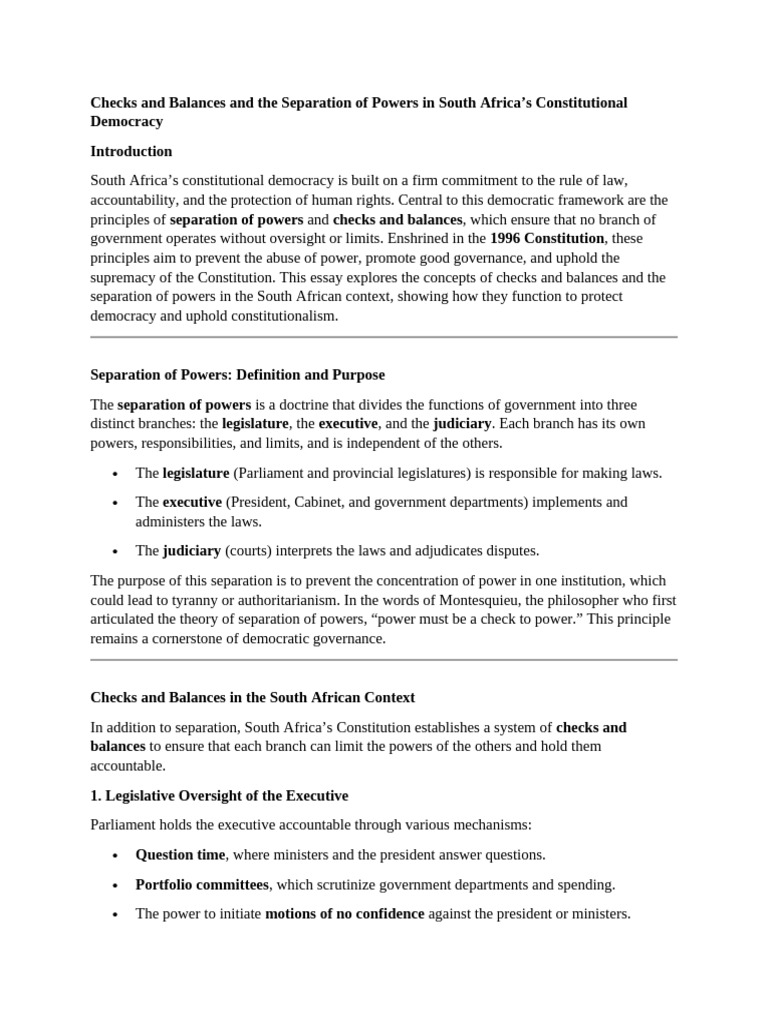 Checks and Balances in South Africa's Democracy | PDF | Separation Of ...