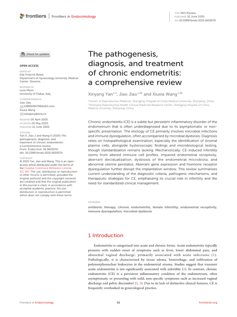 The Pathogenesis, Diagnosis, and Treatment of Chronic Endometritis A ...
