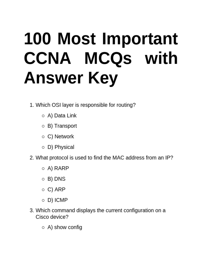 CCNA MCQs with Answer Key | PDF | Internet Protocol Suite | Ip Address