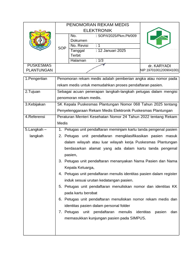 SOP Penomoran Rekam Medis Puskesmas | PDF