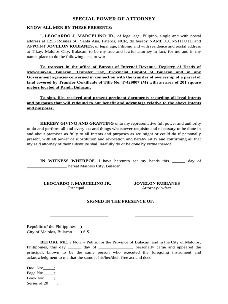 Special Power of Attorney for Land Transfer | PDF