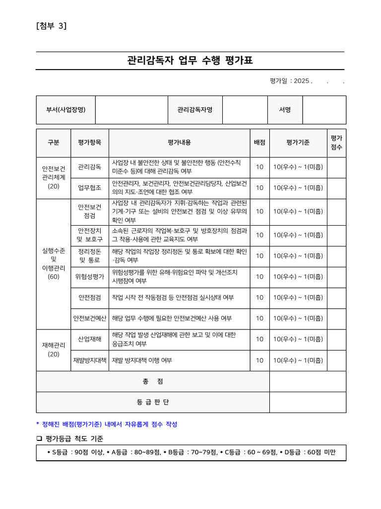 (첨부 3) 관리감독자 업무 수행 평가표 | PDF