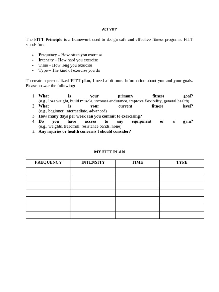 Fitt Plan Activity | PDF