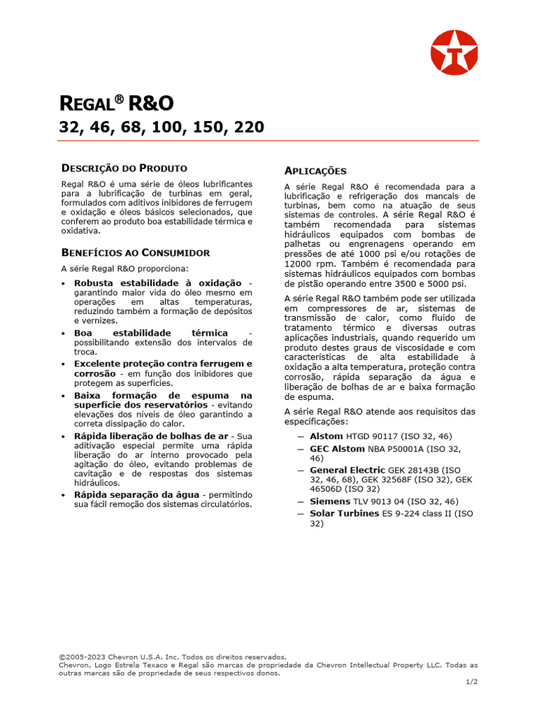 Óleos Lubrificantes Regal R&O 32-150 | PDF | Óleo de motor | Bomba