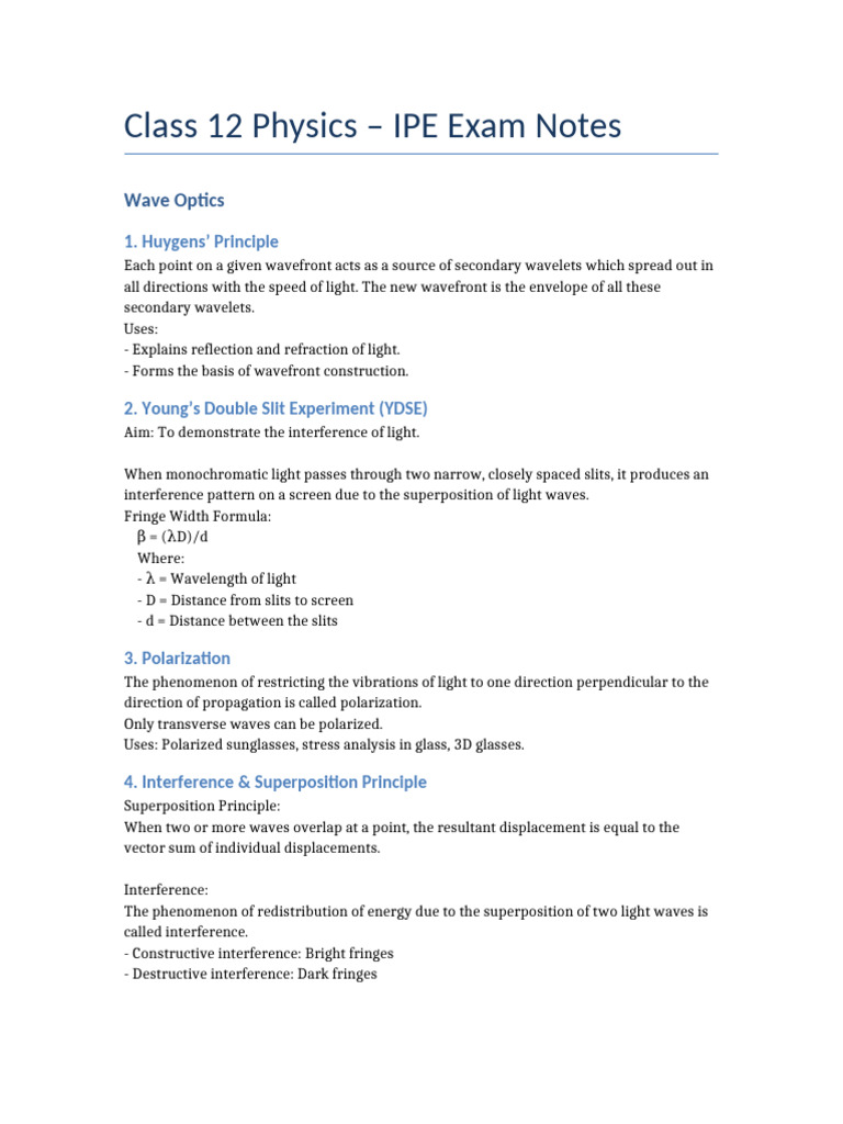Wave Optics and Current Electricity Notes | PDF | Waves | Polarization ...