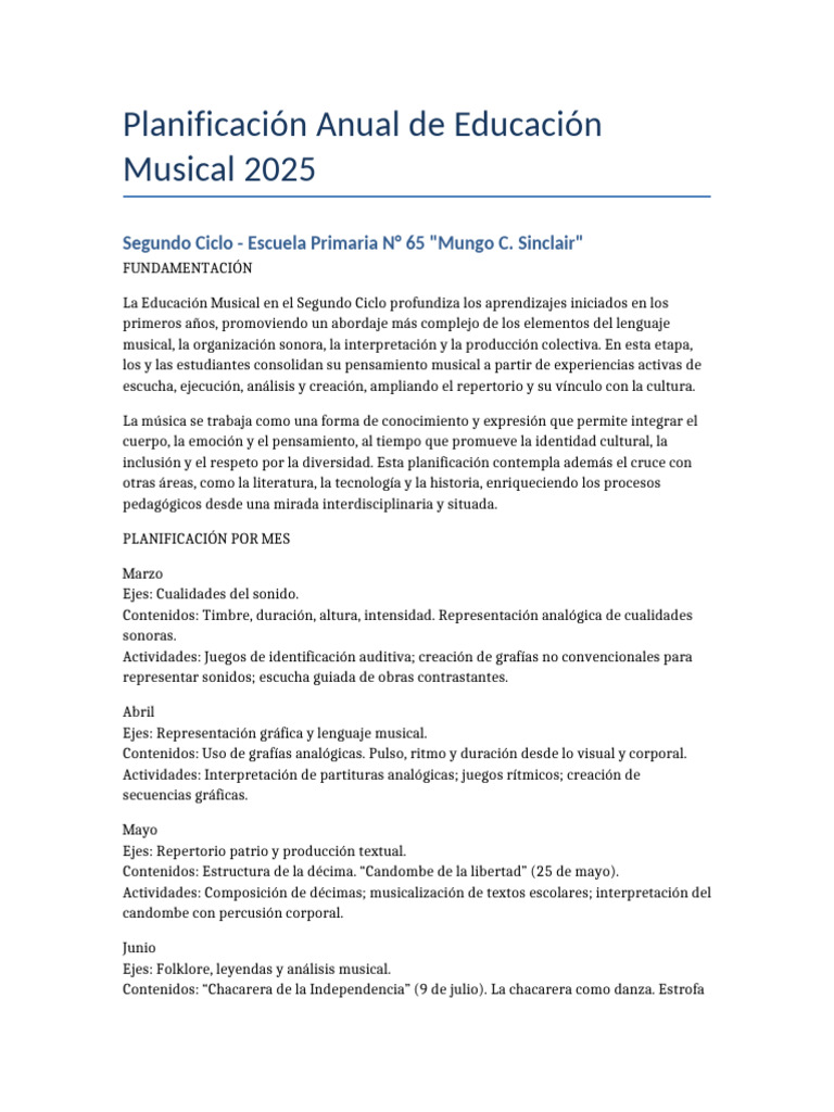 Planificación Musical 2025 para Primaria | PDF | Ritmo | Bailes