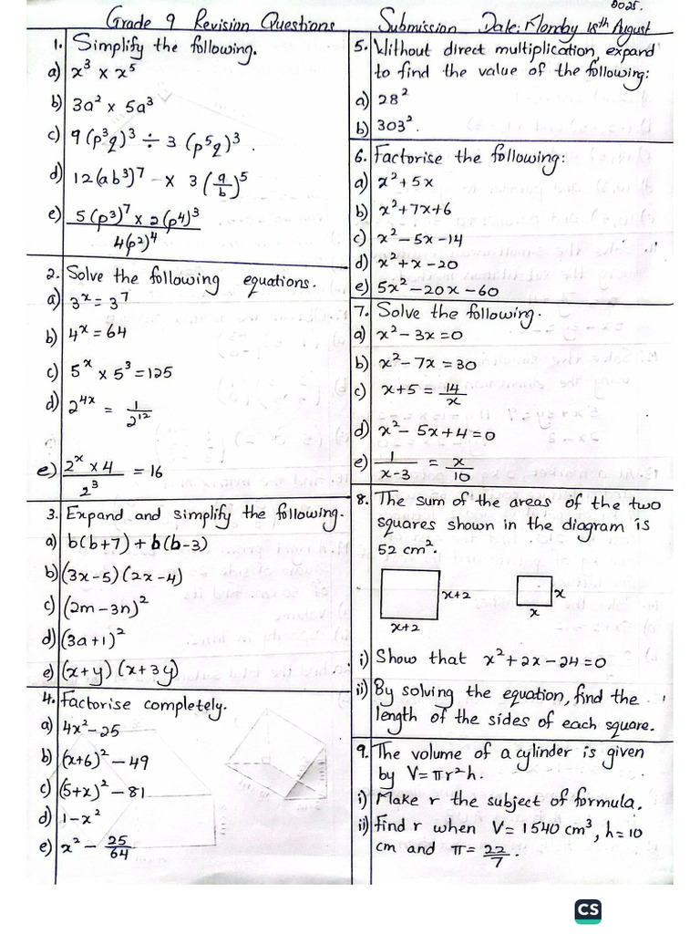 Maths Revision Questions | PDF