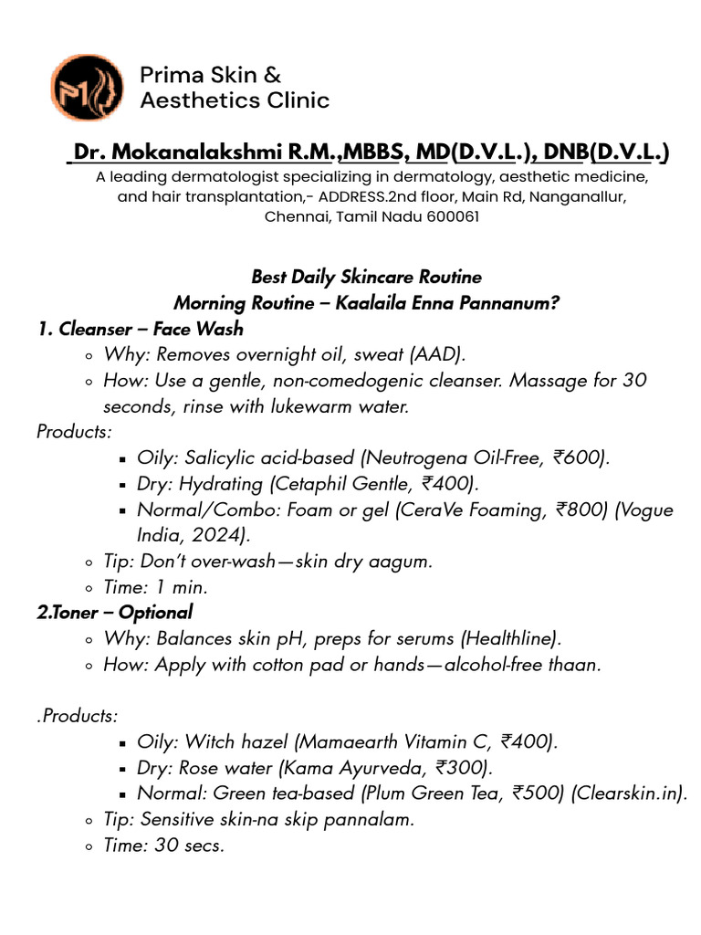 Daily Skincare Routine by Dr. Mokanalakshmi | PDF | Skin Care | Hygiene