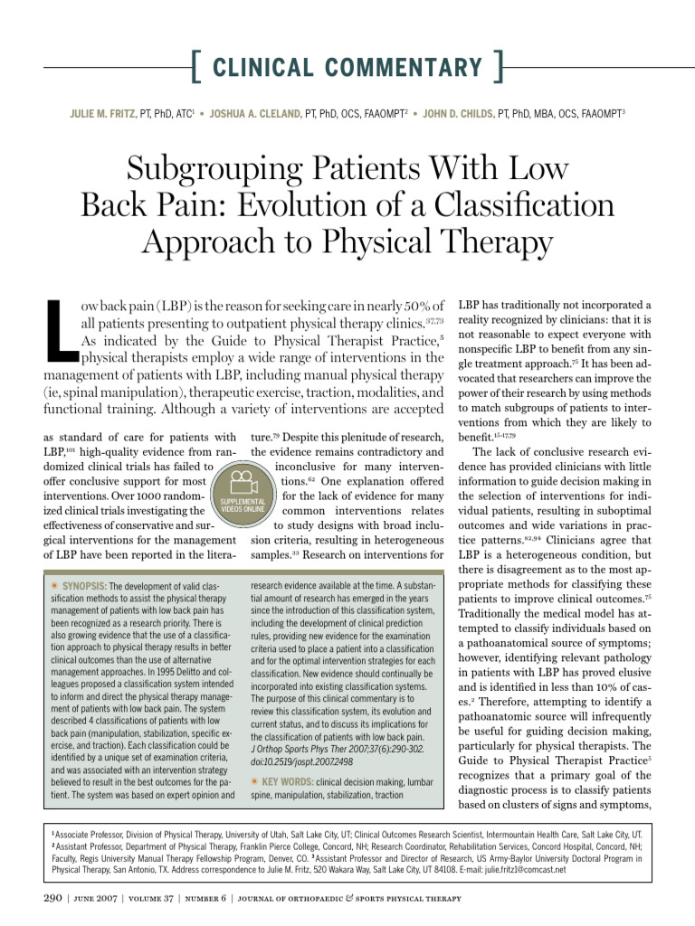 Low Back Pain Classification in Therapy | PDF | Physical Therapy ...