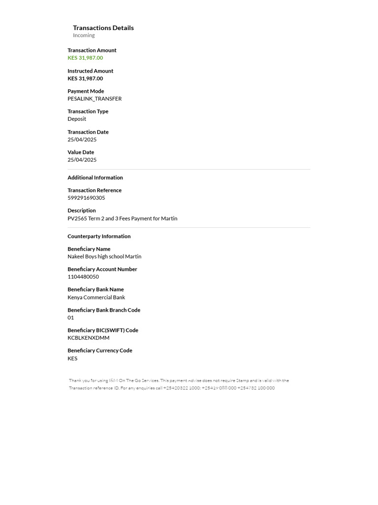 I&M Transaction Details for School Fees | PDF