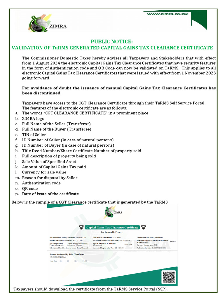 CGT Clearance Certificate Validation Notice | PDF | Capital Gains Tax ...
