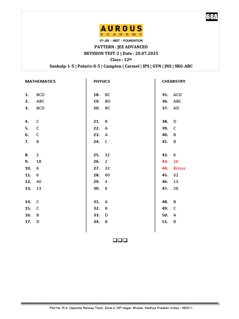 68A 12th Revision Test-2 20.07.2025 Online - Answer Key | PDF