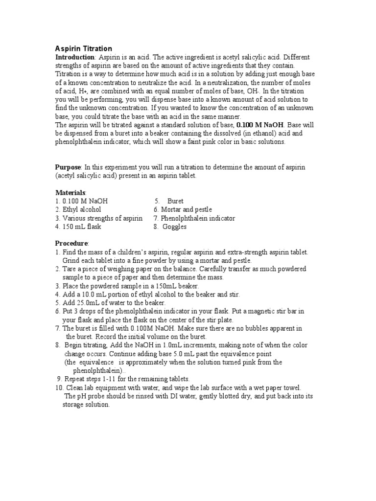 Aspirin Titration Lab PDF Aspirin Titration