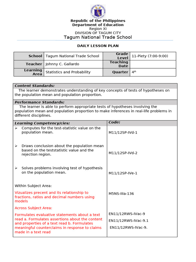 Grade 11 Statistics Lesson Plan | PDF | Hypothesis | Student's T Test