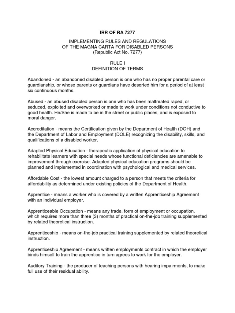 IRR of RA 7277: Magna Carta Overview | PDF | Special Education ...