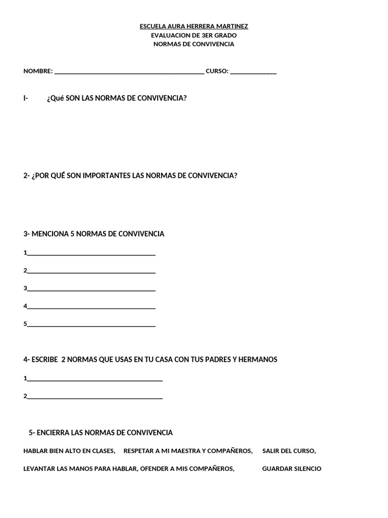 Examen de Normas de Convivencia 3er Grado | PDF