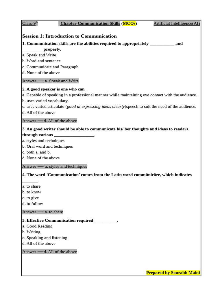 Class 9 AI: Communication Skills MCQs | PDF | Communication | Adjective
