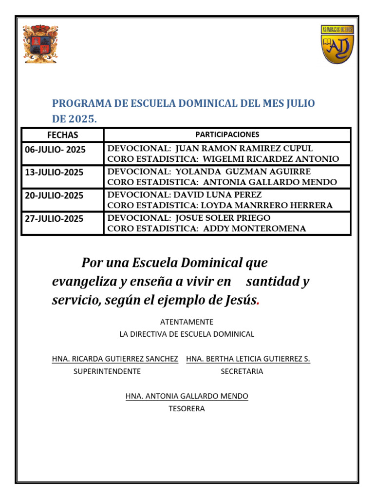 Programa Escuela Dominical Julio 2025 | PDF