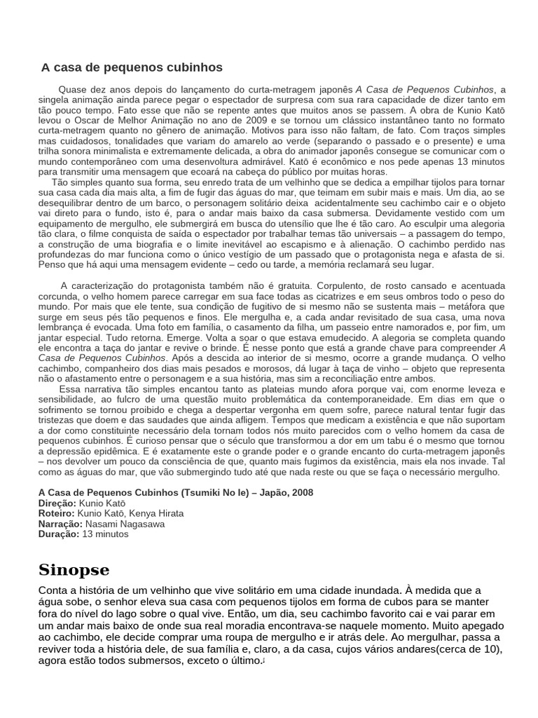 Análise do curta "A Casa de Pequenos Cubinhos" | PDF