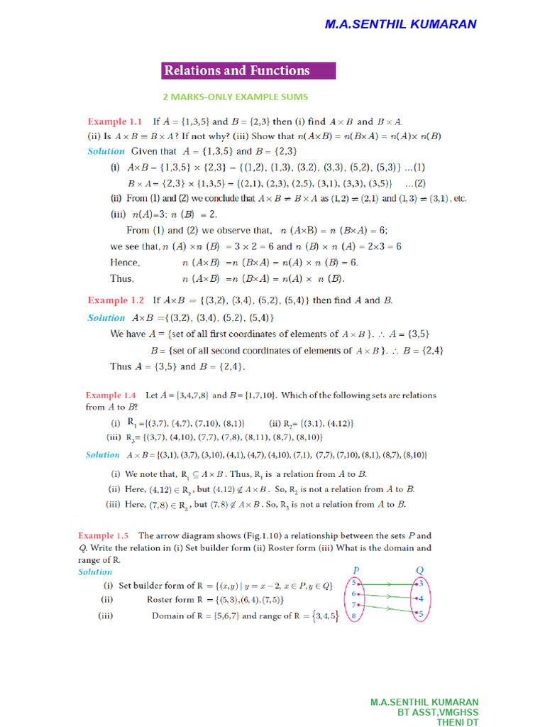 10th Maths Relations and Functions 2 and 5 Mark Questions With Answer ...