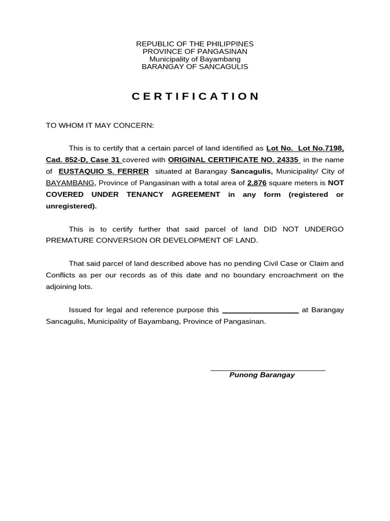 Certification of Land Status in Sancagulis | PDF