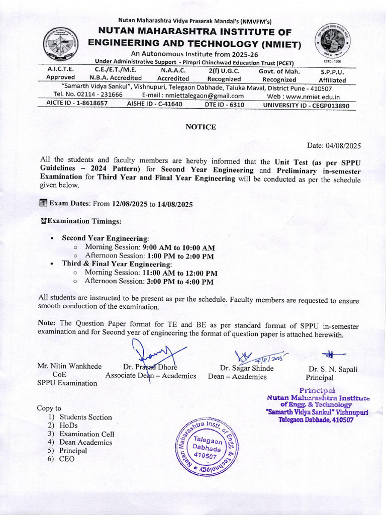 Unit Test and Pre Insem Exam Notice (2025-2026 - Sem I) | PDF
