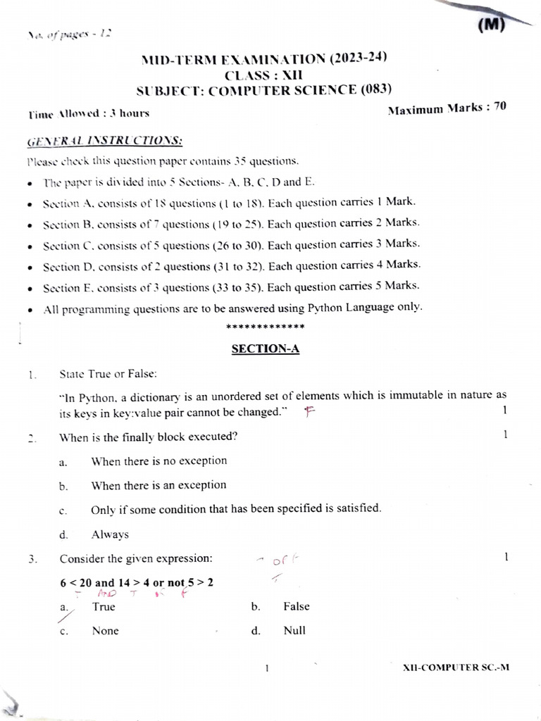 Class XII Computer Science Exam Paper | PDF | Control Flow | Question