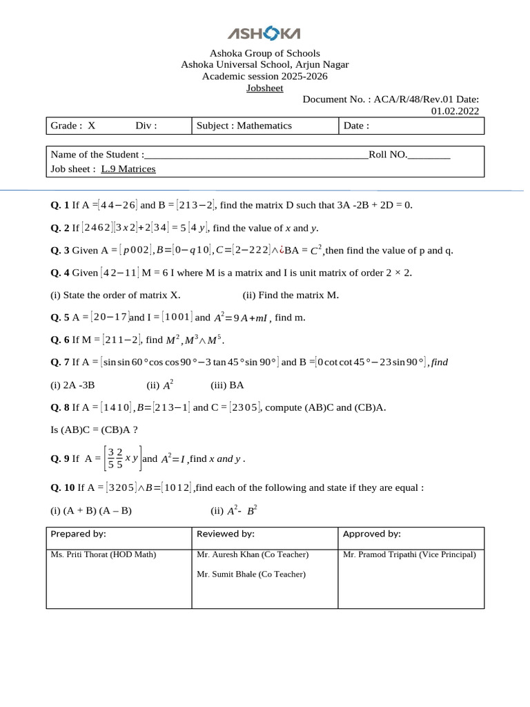 Grade X Mathematics Job Sheet on Matrices | PDF