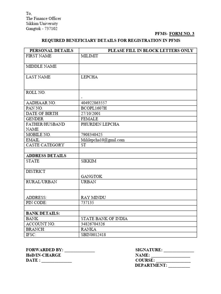 PFMS Registration Form for Beneficiaries | PDF