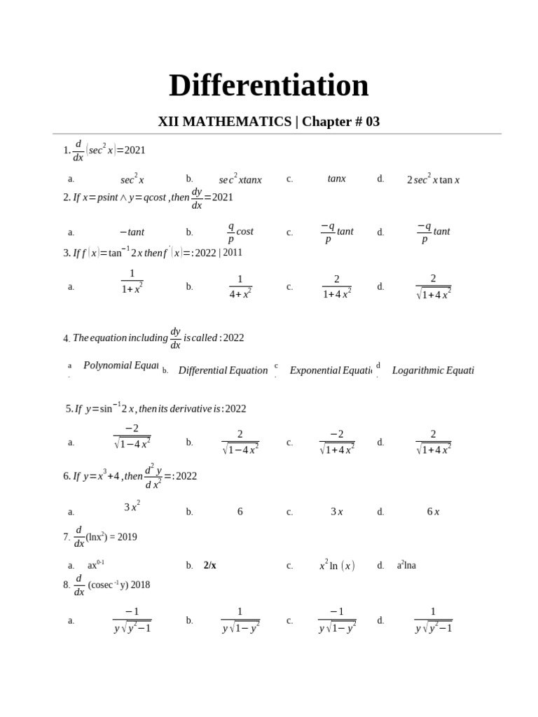 Calculus Derivatives and Differentiation Exercises | PDF | Functions ...