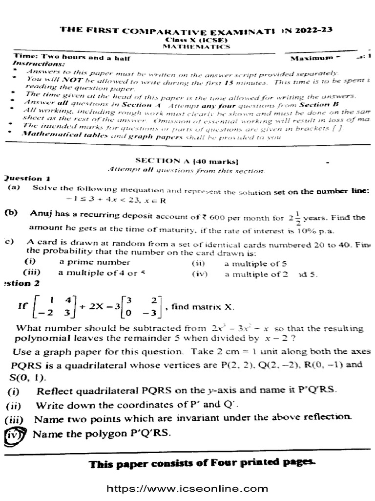 Icse Class 10 First Comparative Mathematics 080823 2023 | PDF