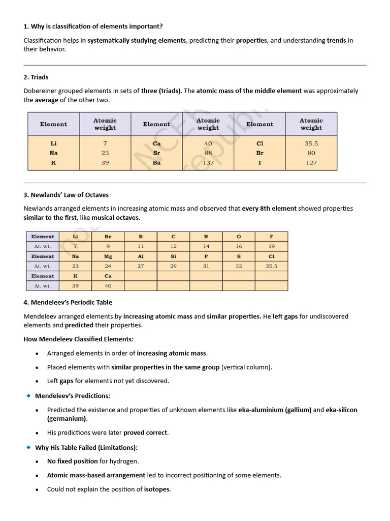 Class 11 Notes 1 Periodic Classification | PDF